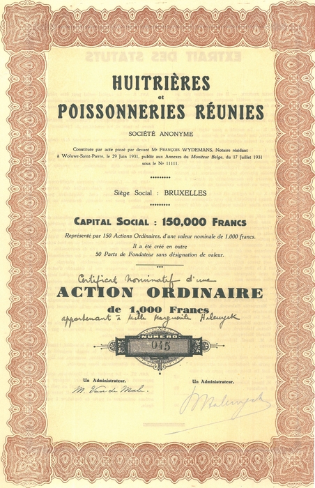 Aandeel van de “N.V. Huîtrières et Poissonneries Réunies”, 1931 Aandeel van de “N.V. Huîtrières et Poissonneries Réunies”, 1931