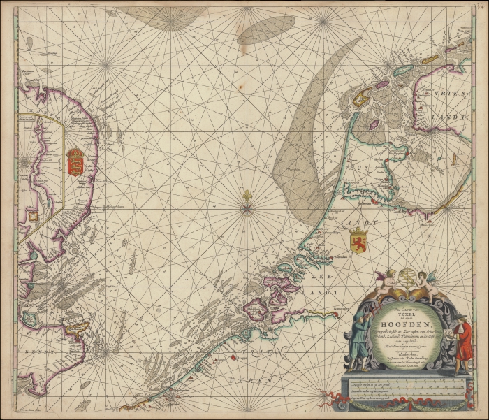 De Groote Nieuwe Vermeerderde Zee-atlas ofte Water-werelt.Pas Caerte van Texel tot aende Hoofden Begrypende in sich de Zee-custen van Vries-land, Holland, Zeeland, Flaenderen; ende Oost-cust van Engeland