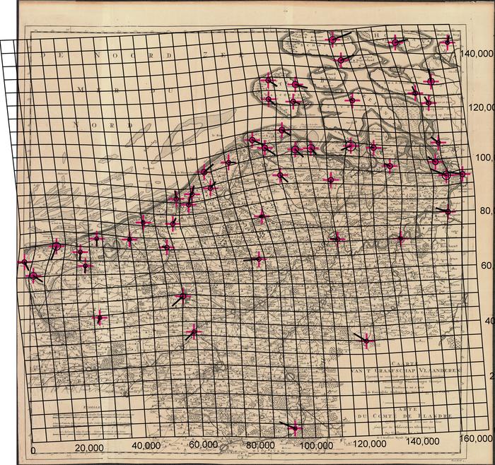 Caarte van t' Graafschap Vlaanderen opgestelt na verscheyde stukken op de plaatsen geteekent en door sterrekundige waarnemingen bevestigt = Carte du Comt� de Flandre�