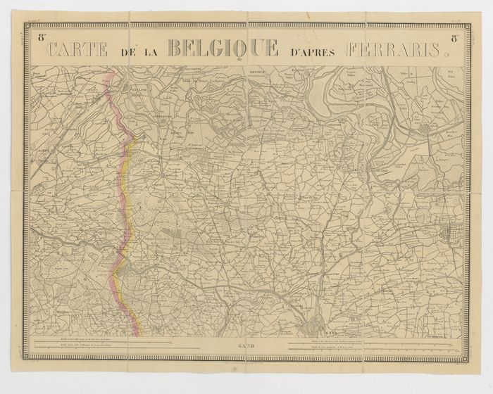 Carte de la Belgique d'après Ferraris, augmentée des plans des six villes principales et de l'indication des routes, canaux et autres traveaux exécutés depuis 1777 jusqu'en 1831. 42 feuilles. I - Gand