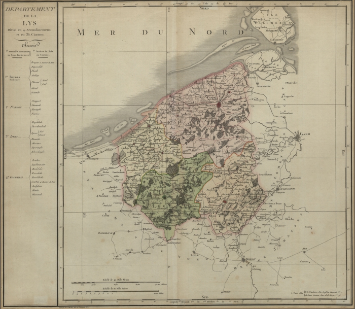 D�partement de la Lys, divis� en 4 arrondissements et en 36 cantons grav� par P.A.F. Tardieu. 