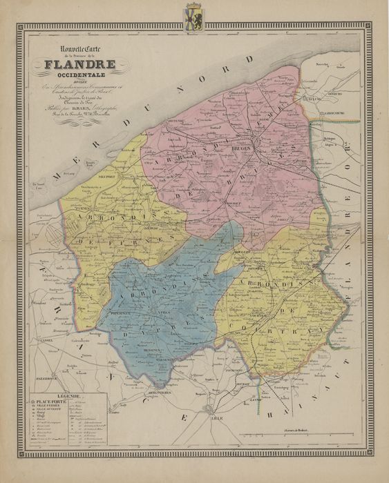 Nouvelle carte de la Province de la Flandre Occidentale divis�e en Arrondissemens, Communaux et Cantons de Justice de Paix, indiquant le trac� du Chemin de Fer. Kaart van de Provincie West-Vlaanderen.