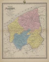 Nouvelle carte de la Province de la Flandre Occidentale divis en Arrondissemens, Communaux et Cantons de Justice de Paix, indiquant le tracdu Chemin de Fer. Kaart van de Provincie West-Vlaanderen.