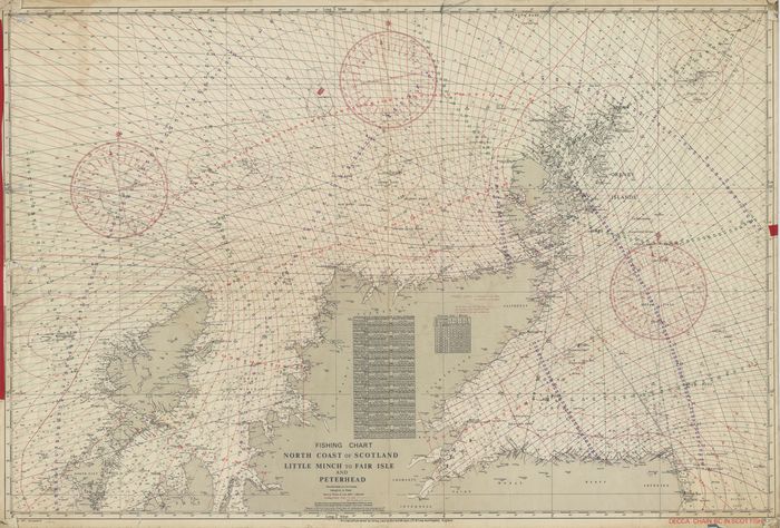 Fishing chart - North coast of Scotland, Little Minch to Fair Isle and Peterhead. Kaart van visserijgronden ten noorden van Schotland.