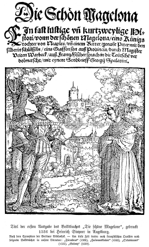 Illustration from the folktale "schönen Magelone und des Grafen Peter" suggested to be the source of the name Magelona Illustration from the folktale "schönen Magelone und des Grafen Peter" suggested to be the source of the name Magelona