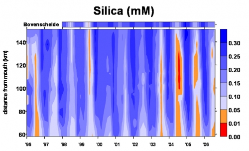 Silica in het Schelde-estuarium uitgezet in afstand van de monding (1996-2006)