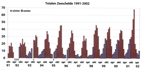 Watervogels langs de Zeeschelde - Boottellingen langs de Zeeschelde: maandtotalen oktober 1991 - juni 2002