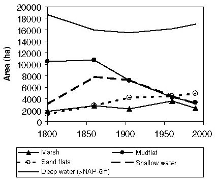 Evolutie van het habitat gebied in de Westerschelde in de afgelopen eeuwen.