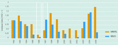 Relatieve omvang van de kokkelbiomassa. (Situatie in 1992 is gelijkgesteld aan 1 litoraal). Relatieve omvang van de kokkelbiomassa. (Situatie in 1992 is gelijkgesteld aan 1 litoraal).