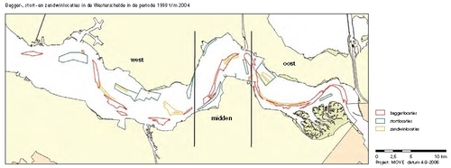 Bagger-, stort- en zandwinlocaties in de Westerschelde in de periode 1998 t/m 2004. Bagger-, stort- en zandwinlocaties in de Westerschelde in de periode 1998 t/m 2004.