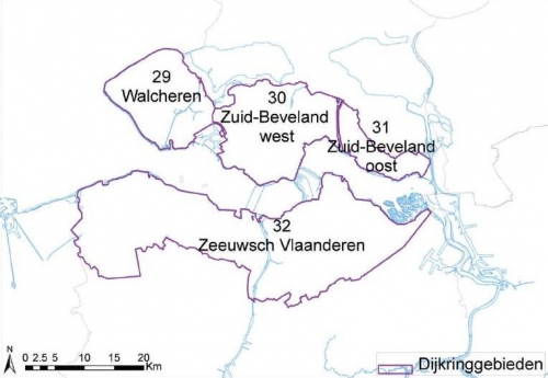Kaart van de vier dijkringgebieden (29, 30, 31 en 32) langs de Westerschelde.