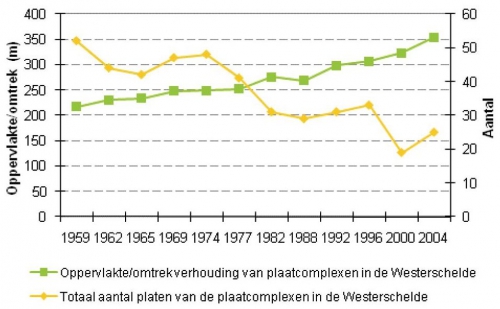 Ontwikkeling in het totaal aantal platen van de plaatcomplexen in de Westerschelde en de oppervlakte/omtrek verhouding van alle plaatcomplexen in de Westerschelde samen. Ontwikkeling in het totaal aantal platen van de plaatcomplexen in de Westerschelde en de oppervlakte/omtrek verhouding van alle plaatcomplexen in de Westerschelde samen.