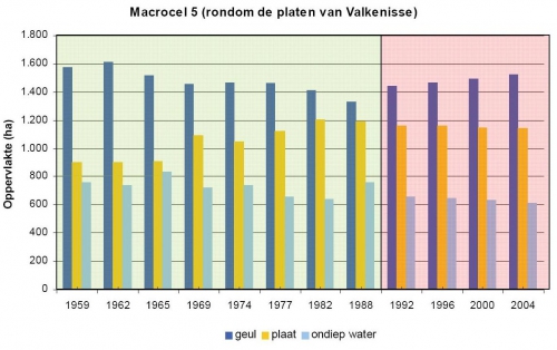 Oppervlakte plaat, ondiep water en geul in macrocel 5.