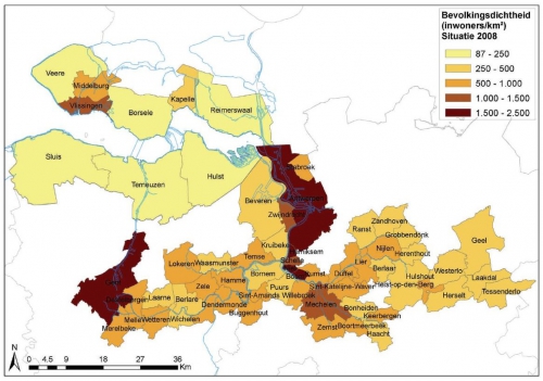 Bevolkingsdichtheid of aantal inwoners per km² in de Vlaamse en Nederlandse Scheldegemeenten. Situatie 2008. Bevolkingsdichtheid of aantal inwoners per km² in de Vlaamse en Nederlandse Scheldegemeenten. Situatie 2008.