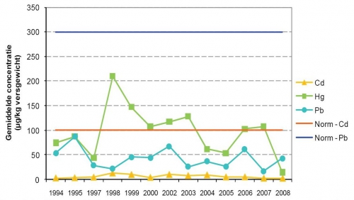 Jaarlijkse gemiddelde concentratie (µg/kg versgewicht) van de zware metalen: cadmium, kwik en lood in paling uit het Vlaamse deel van het Schelde-estuarium.