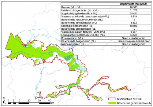 Absolute of niet-cumulatieve oppervlakte (inter)nationaal wettelijk/statutair beschermd gebied in het Schelde-estuarium (studiegebied van het Natuurontwikkelingsplan Schelde-estuarium NOPSE, uitgebreid met het Zwin), situatie 2009. Absolute of niet-cumulatieve oppervlakte (inter)nationaal wettelijk/statutair beschermd gebied in het Schelde-estuarium (studiegebied van het Natuurontwikkelingsplan Schelde-estuarium NOPSE, uitgebreid met het Zwin), situatie 2009.