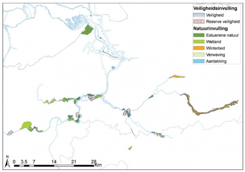 Ligging van de deelgebieden in het kader van het Meest Wenselijke Alternatief (MWeA) van het geactualiseerde Sigmaplan met respectievelijke veiligheids- en/of natuurinvulling.