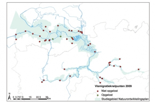 Kaart van de vismigratieknelpunten (opgelost en niet opgelost) in het Schelde-estuarium (studiegebied Natuurontwikkelingsplan)