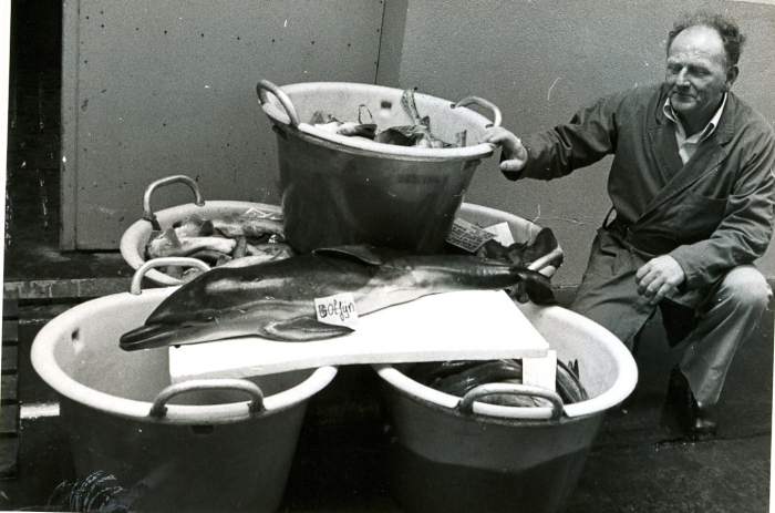 Visser met vangst, waaronder dolfijn