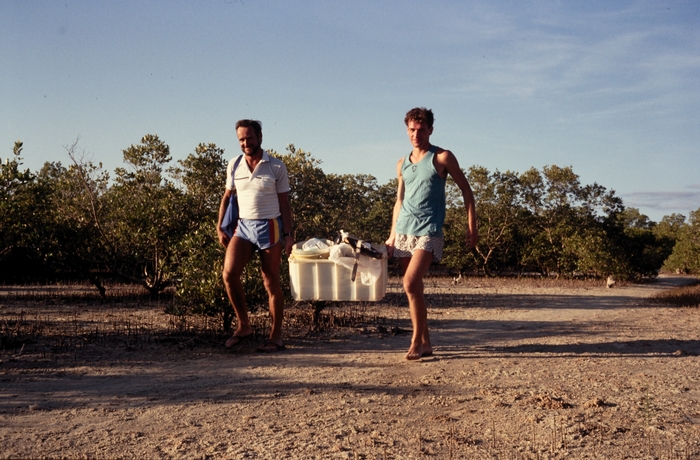 Eric Coppejans with student Thomas De Schryver at Gazi Bay carrying field work material