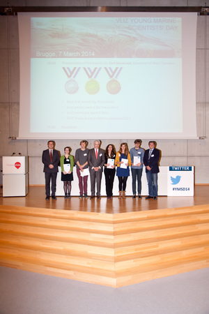 From left to right: Jan Mees (VLIZ), Anouk de Brauwere (iMCC & TECLIM - UCL & ANCH - VUB), Jan Reubens (MarBiol - UGent & VLIZ), Governor Carl Decaluwé (VLIZ), Julia Schmidt-Petersen (Phycology - UGent), Marieke Desender (Morphology - UGent & ILVO), Jeroen De Waegemaeker (Design sciences - Artesis Hogeschool Antwerpen) en Colin Janssen (ECOTOX - UGent & VLIZ).